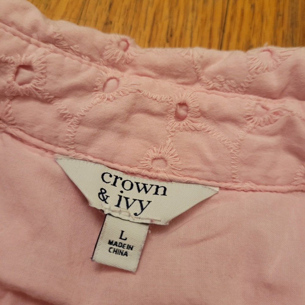 Crown Ivy L Shirt Dress Pink Eyelet Tiered Cotton Mini Cottage Boho Chic Summer - Picture 4 of 7